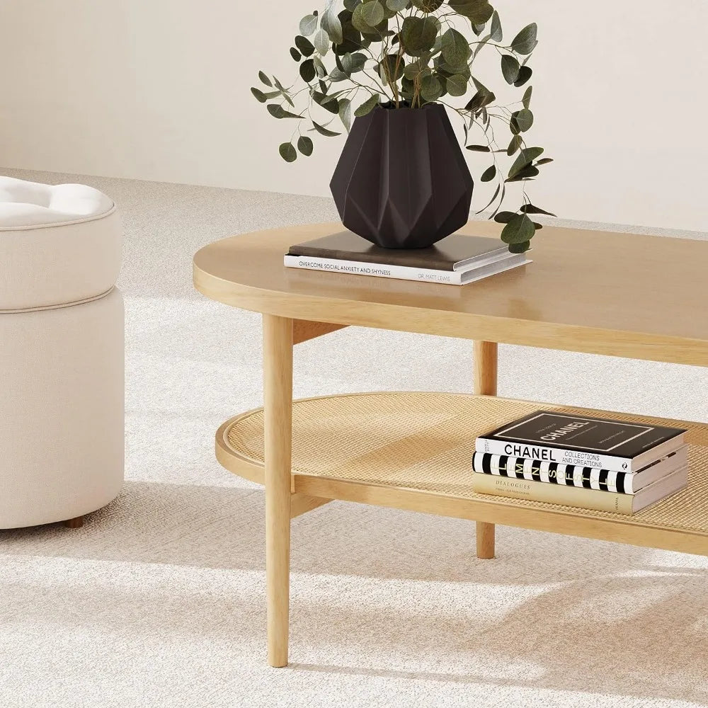 James Sonia Coffee Table with Storage Shelf, Light Wood/Rattan - HOMELIVING