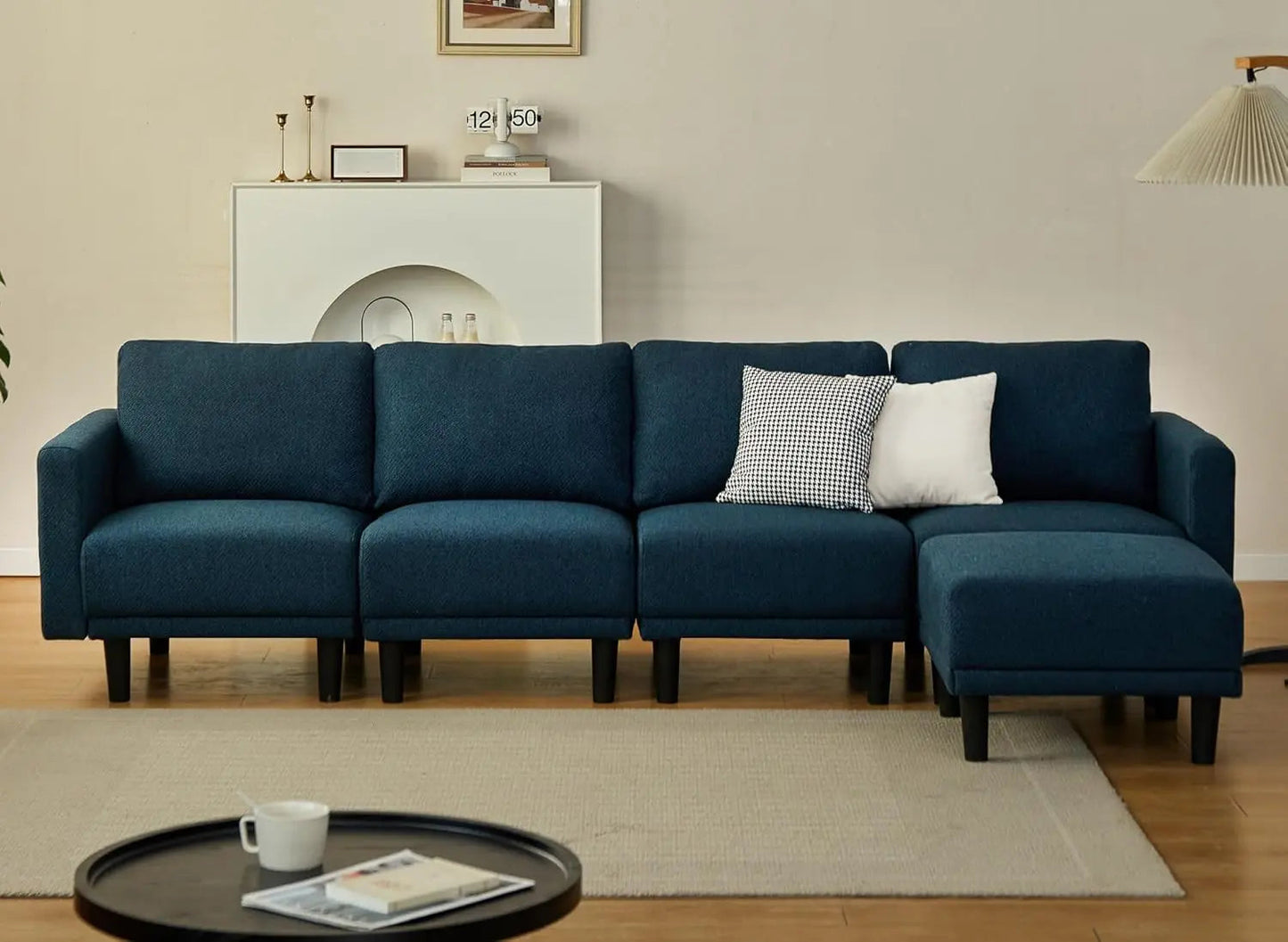 L Shaped Sectional Sofa Linen Convertible Modular Couch with Reversible Chaise Upholstered 4-Seat Sofa Furniture Set w/ Ottoman - HOMELIVING