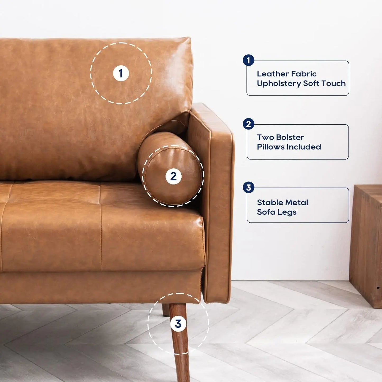 Leather Sofa Couch, Mid-Century 73 Inch 3 Seater Leather Couch with Hand-Stitched Comfort Cushion - HOMELIVING