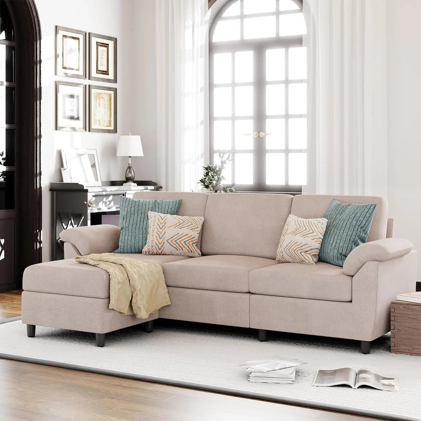 Office Sofas ,79" Convertible Sectional Sofa Couch, 3 Seat L Shaped Sofa With Removable Pillows Linen Fabric Small Cou - HOMELIVING