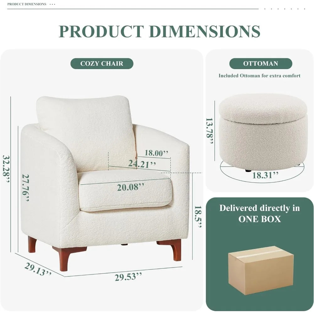 Living Room Lounge Chair, Modern Living Room Chair with Storage Ottoman Set, Pillows and Wooden Legs - HOMELIVING