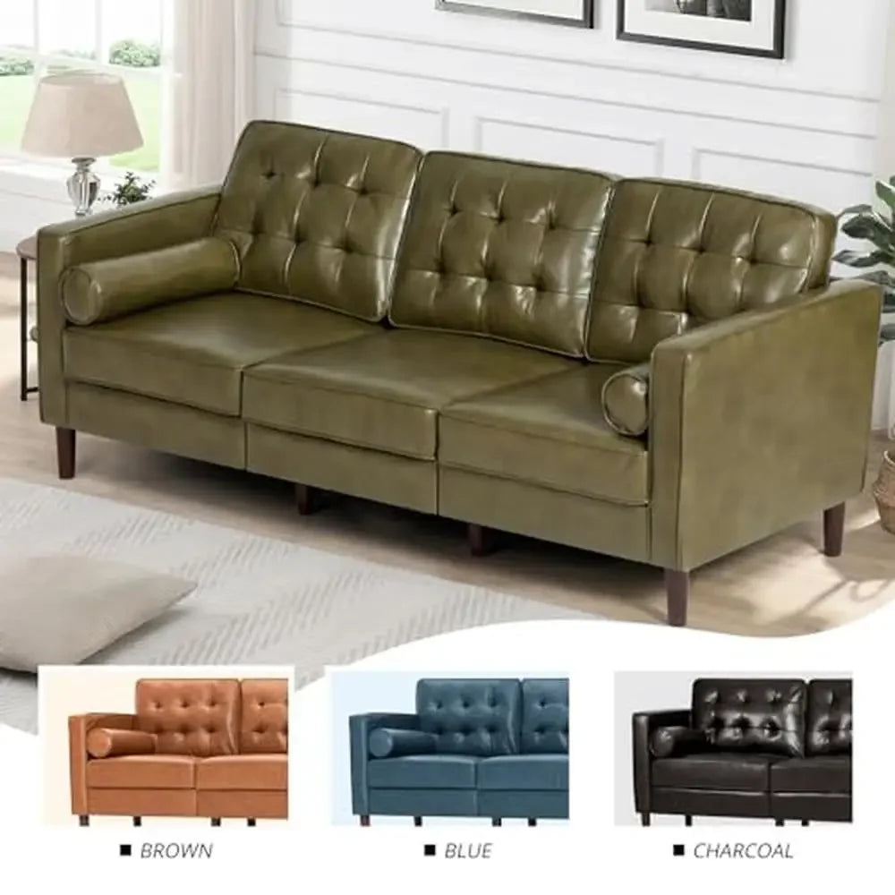 Luxury Leather Tufted Sofa 3-Seat Couch with Bolster Pillows Wooden Legs - HOMELIVING