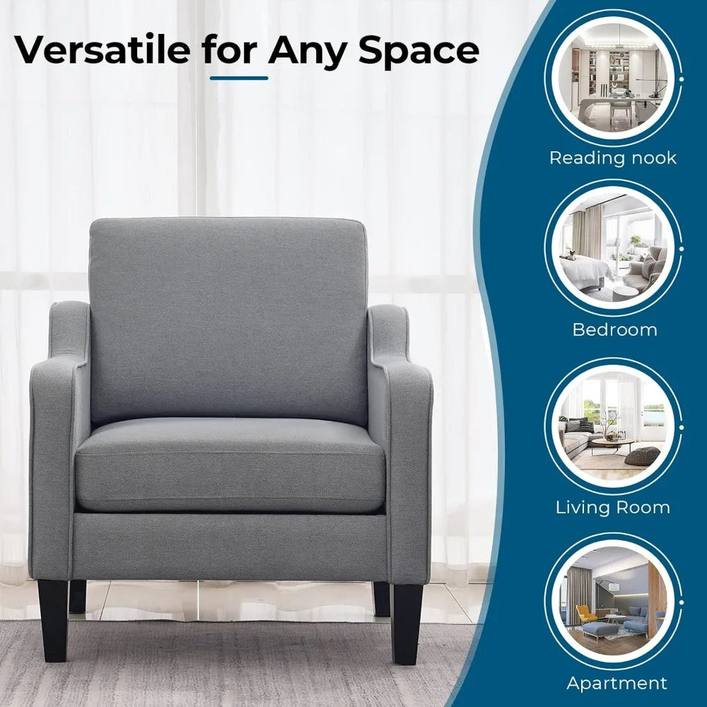Mid Century Modern Accent Chair,Light Grey Fabric Chairs for Living Room Upholstered Armchair with Scooped Arms for Bedroom - HOMELIVING