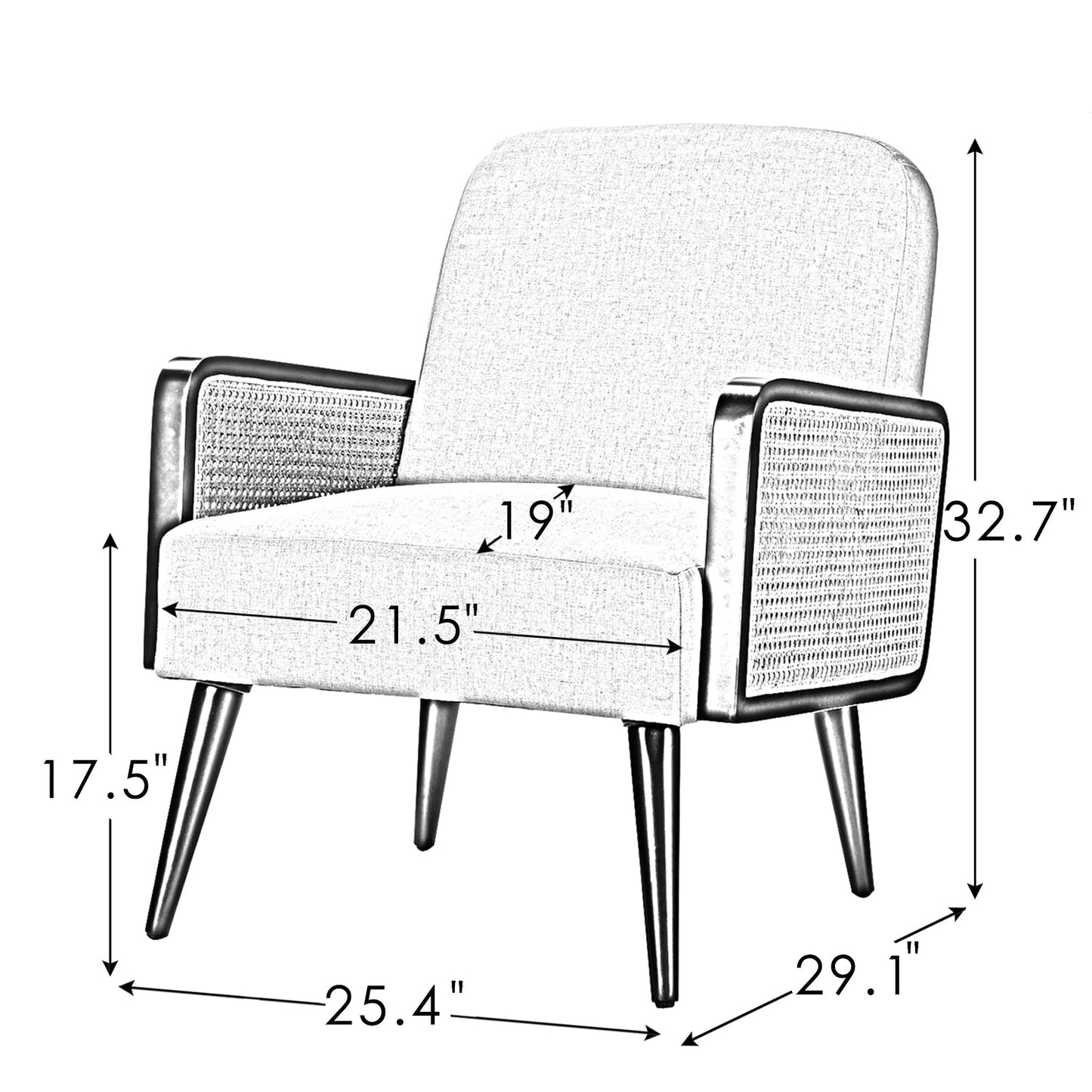 Mid Century Modern Accent Chair, Upholstered Chairs with Bamboo Knitting and Solid Wood Legs, Comfy Linen Fabric Armchair - HOMELIVING