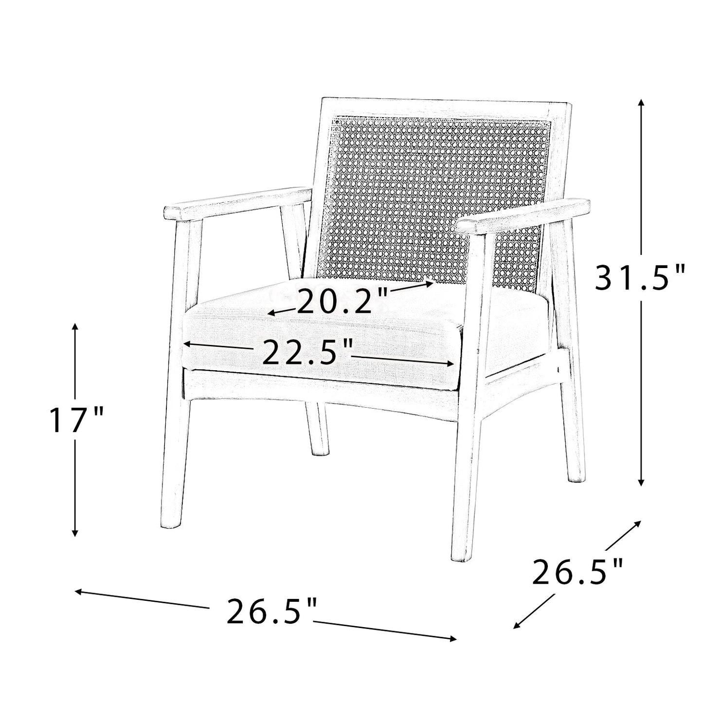 Mid Century Modern Accent Chair Upholstered Lounge Armchair with Mesh Back Retro Wooden Rattan Chair for Living Bedroom Office - HOMELIVING