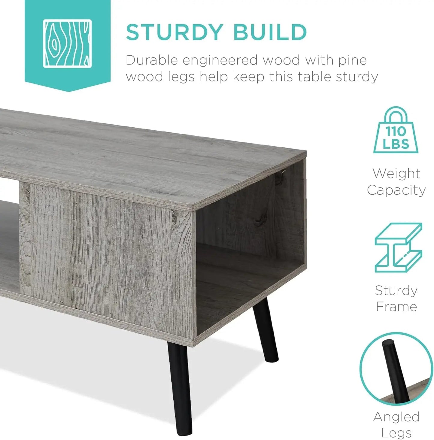 Mid-Century Modern Coffee Table,Accent Furniture for Living Room,Indoor,Home Décor w/Open Storage Shelf,Wood Grain Finish-Gray - HOMELIVING