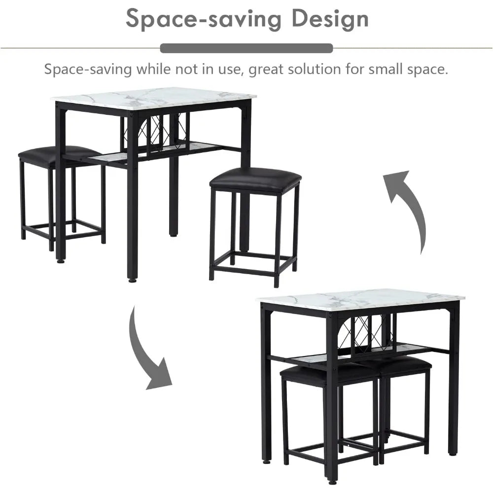 Modern dining chair set, 3-piece bar dining table and chairs with artificial marble tabletop -2 chairs with wine rack - HOMELIVING