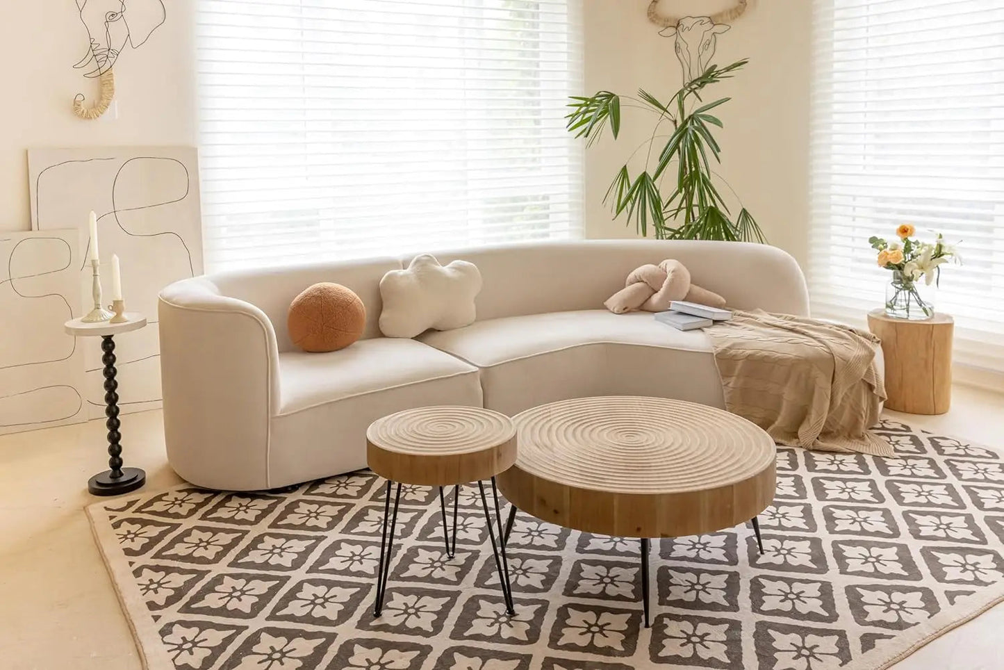Modern Farmhouse Living Room Coffee Table Set, Nesting Table Round Natural Finish with Handcrafted Wood Ring Motif, Wood Colour - HOMELIVING