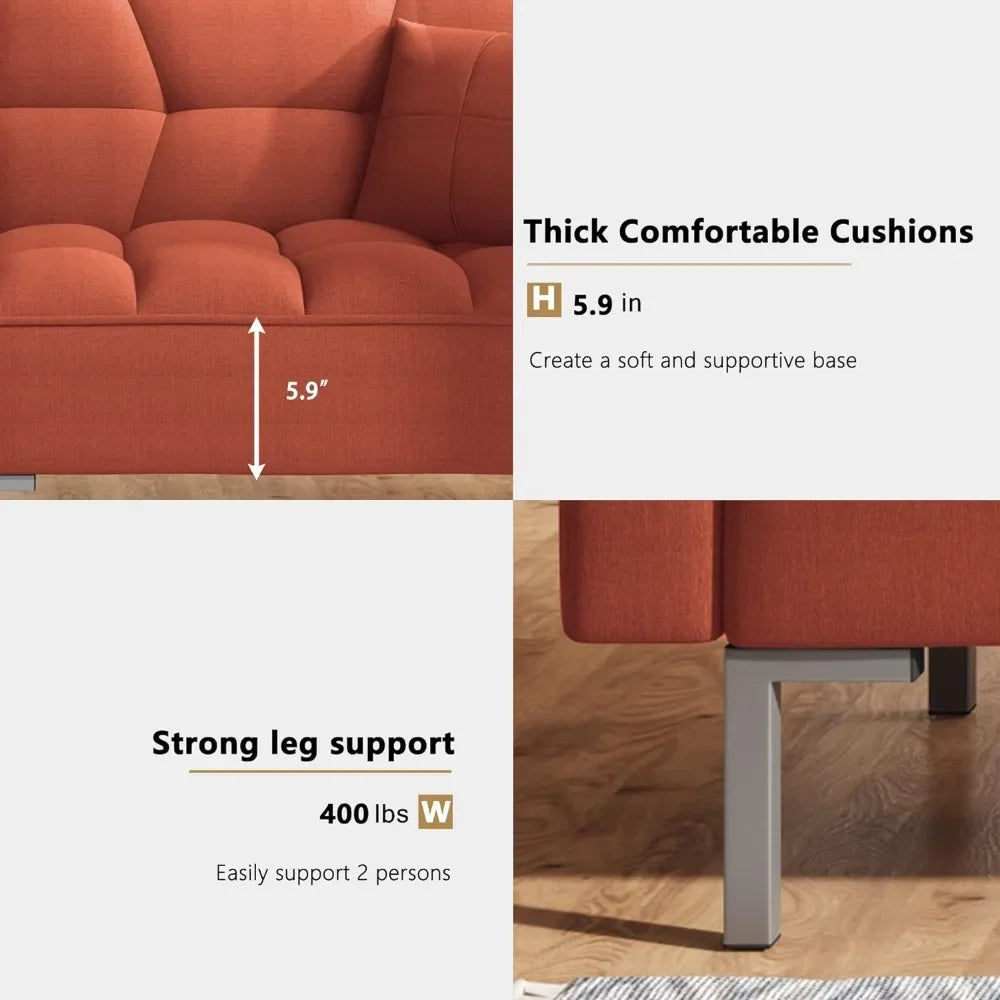 Modern Linen Fabric Convertible Upholstered Sofa Couch Bed with Adjustable Back for Living Room,Apartment,Office,Orange - HOMELIVING