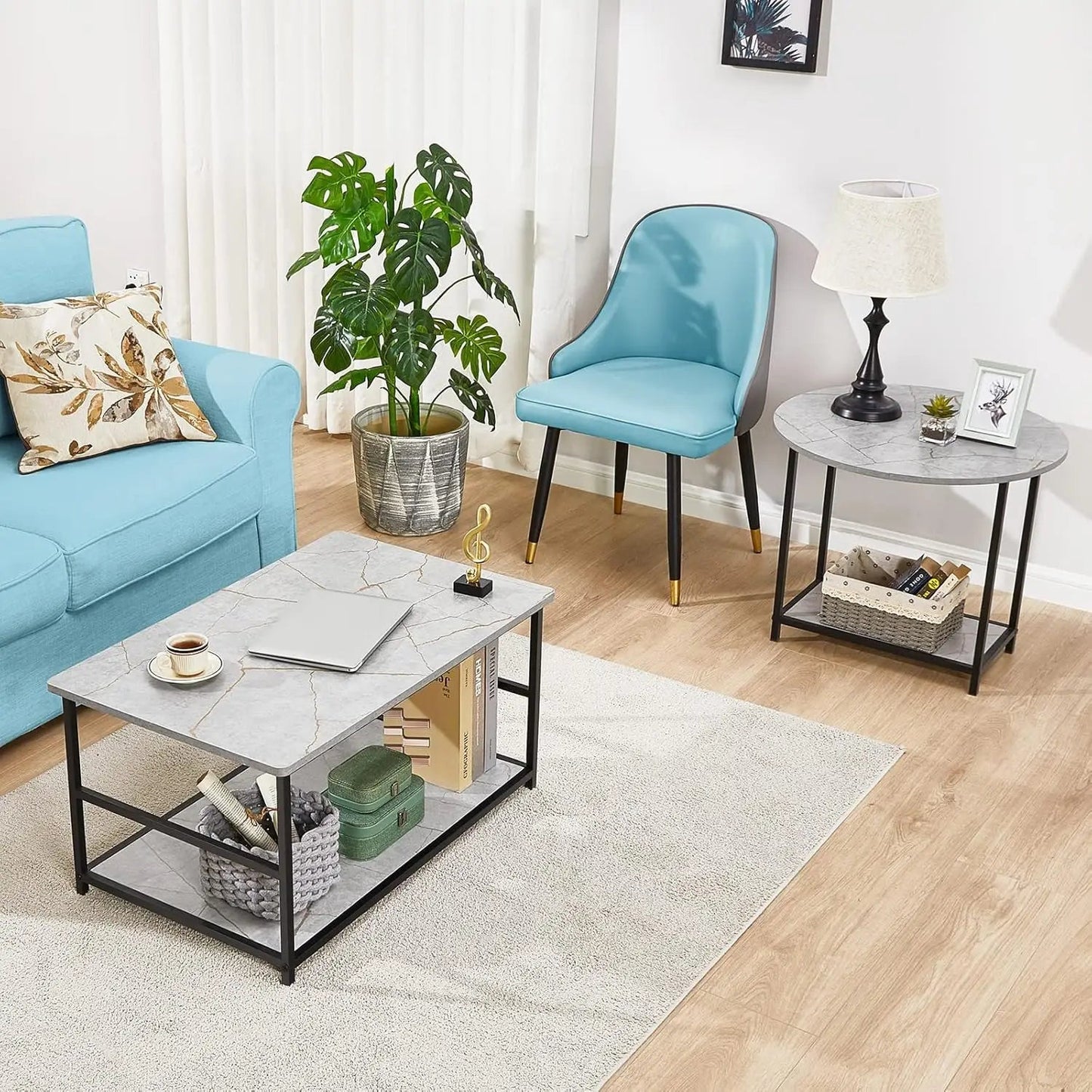 Modern Style Coffee Tables for Living Room Marble Center Table with Storage 2 in 1Detachable Table Set,Grey Marble - HOMELIVING