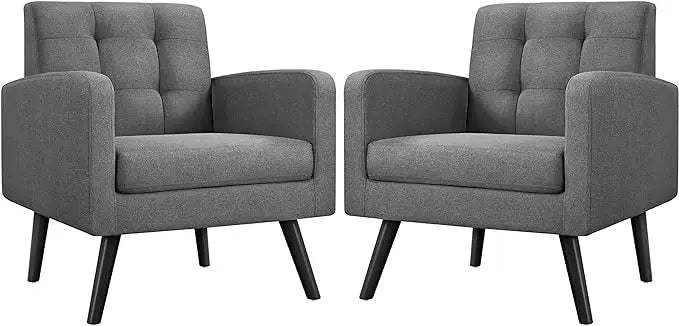 Mid-Century Accent Chairs, Modern Upholstered Living Room Chair, Cozy Armchair Button Tufted Back and Wood Legs - HOMELIVING