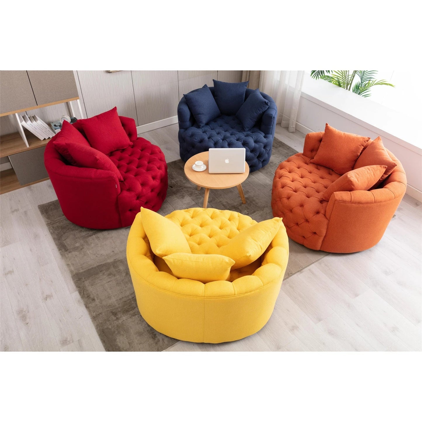 Modern Akili Swivel Barrel Chair Round Linen Accent Chair Leisure Chair Recliner Sofa W/3 Pillow for Hotel Living Room 6 Colors - HOMELIVING