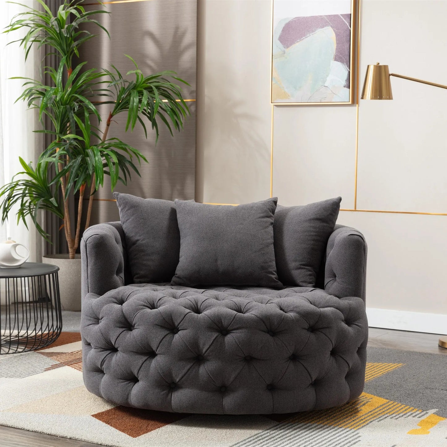 Modern Akili Swivel Barrel Chair Round Linen Accent Chair Leisure Chair Recliner Sofa W/3 Pillow for Hotel Living Room 6 Colors - HOMELIVING