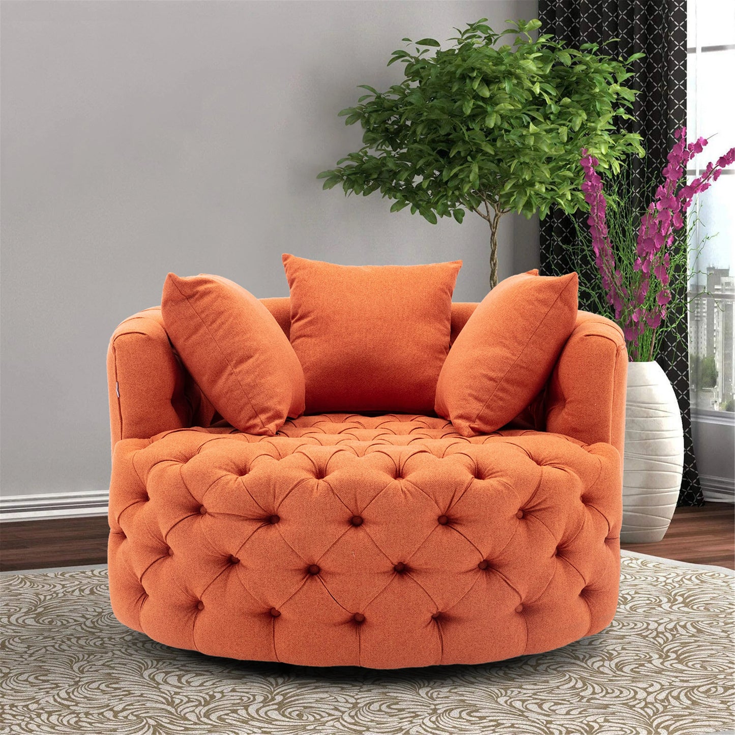 Modern Akili Swivel Barrel Chair Round Linen Accent Chair Leisure Chair Recliner Sofa W/3 Pillow for Hotel Living Room 6 Colors - HOMELIVING