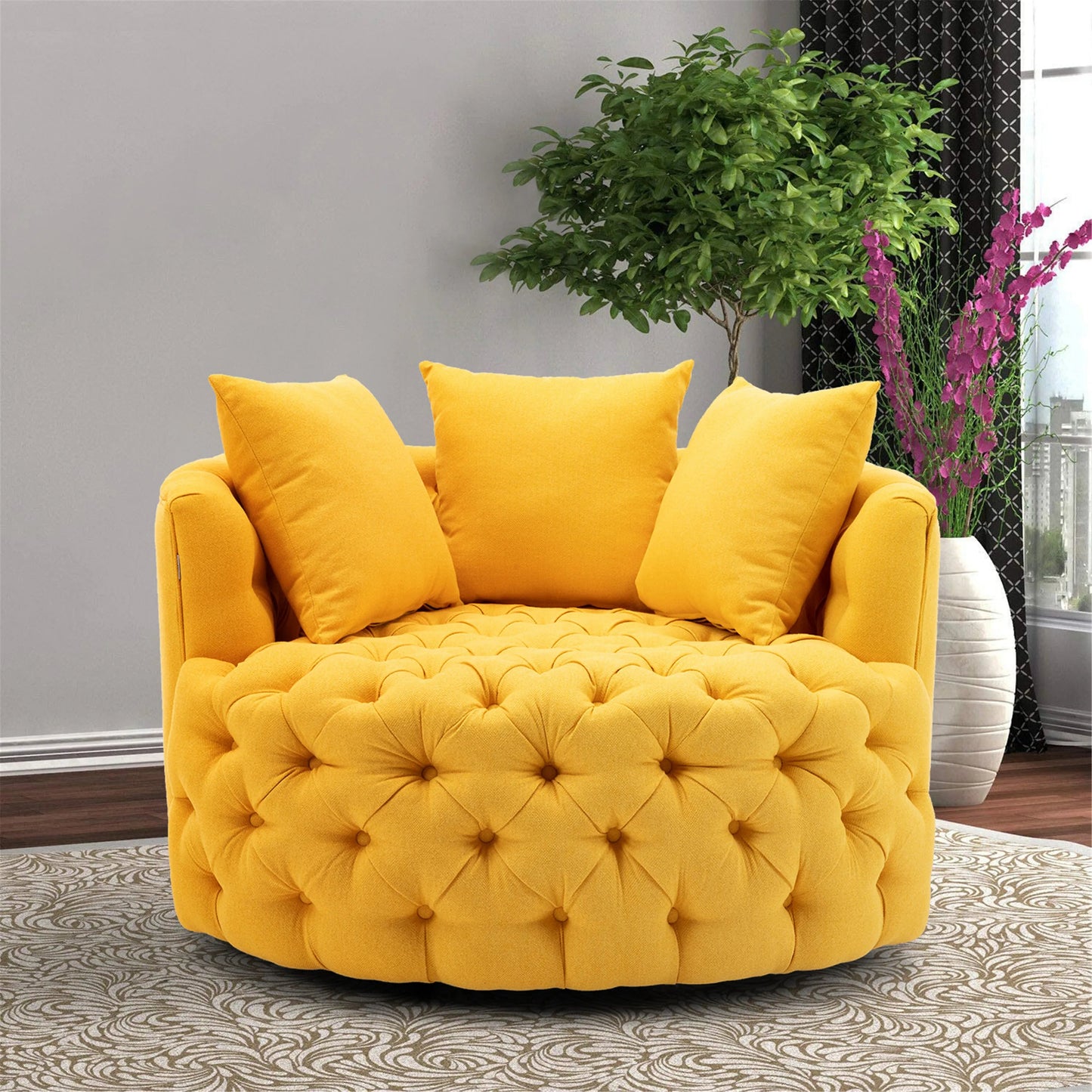 Modern Akili Swivel Barrel Chair Round Linen Accent Chair Leisure Chair Recliner Sofa W/3 Pillow for Hotel Living Room 6 Colors - HOMELIVING