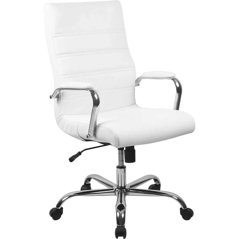 Office Desk Chair High Back Desk Chair - White Leather Soft Executive Swivel Office Chair with Chrome Frame - Swivel Armchair - HOMELIVING