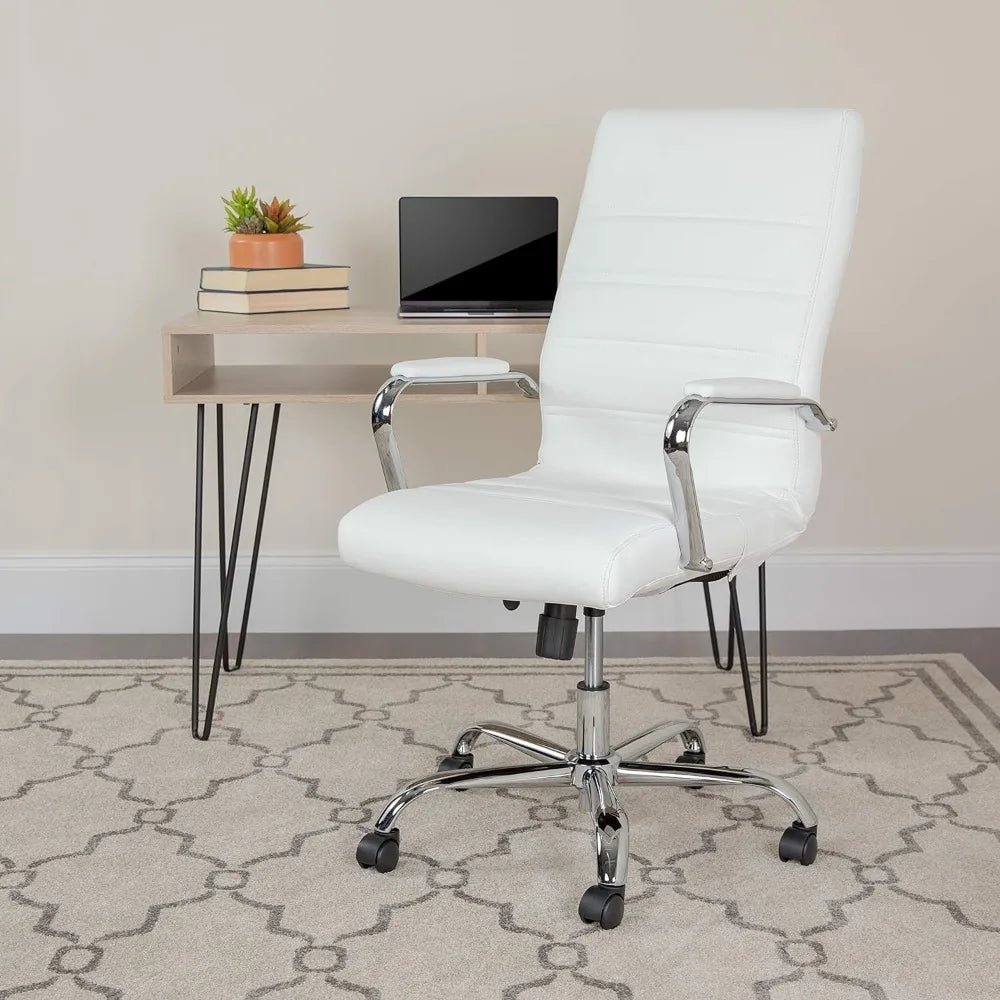 Office Desk Chair High Back Desk Chair - White Leather Soft Executive Swivel Office Chair with Chrome Frame - Swivel Armchair - HOMELIVING