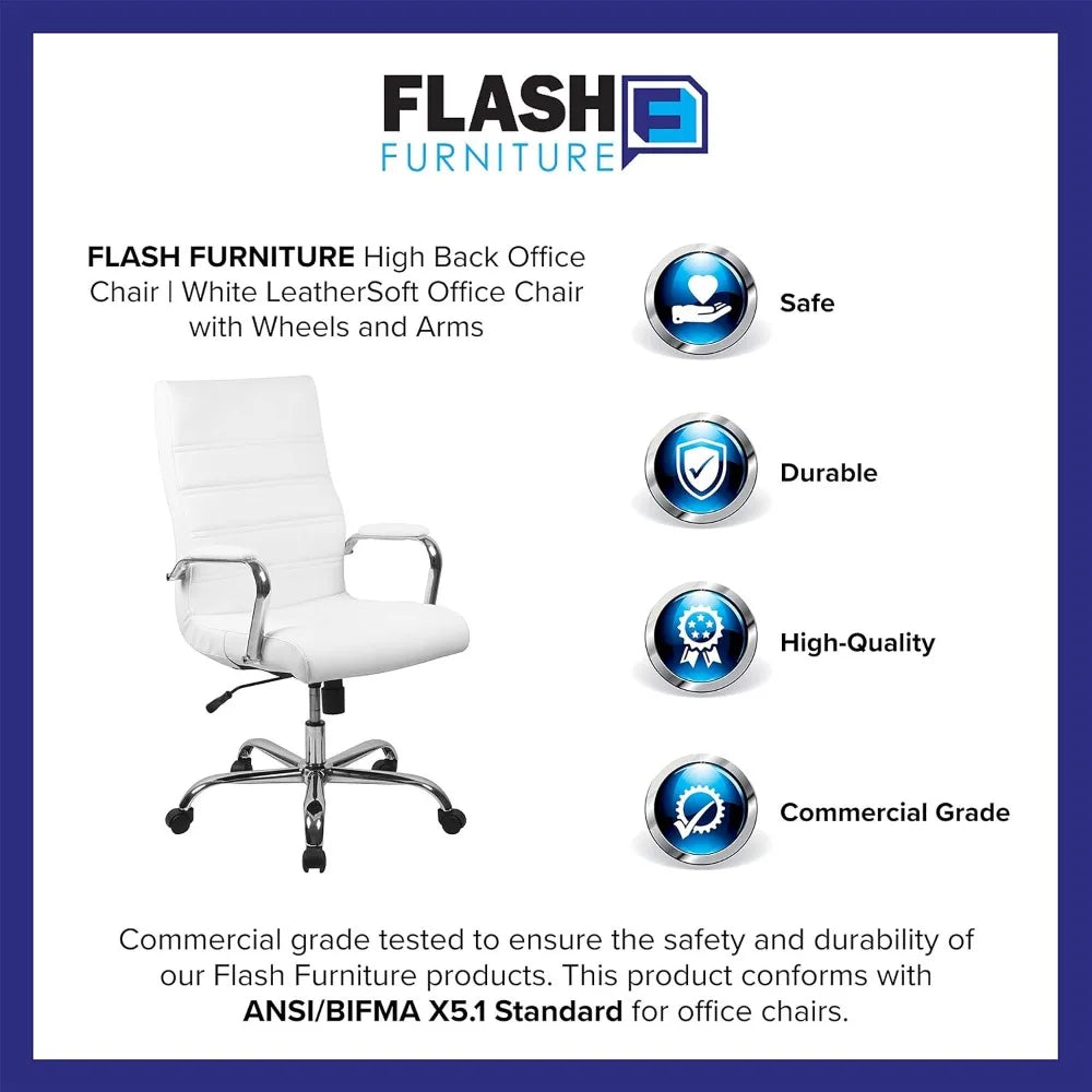 Office Desk Chair High Back Desk Chair - White Leather Soft Executive Swivel Office Chair with Chrome Frame - Swivel Armchair - HOMELIVING