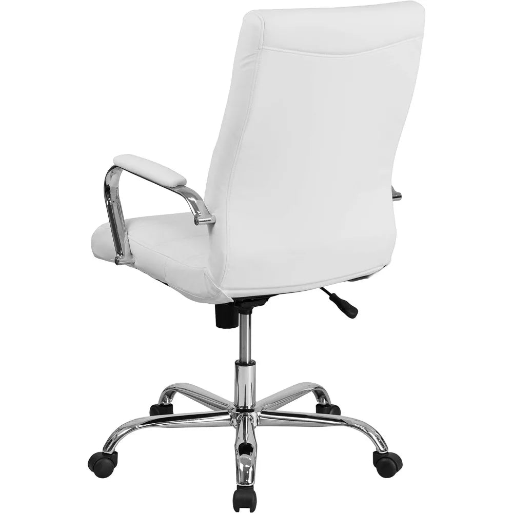 Office Desk Chair High Back Desk Chair - White Leather Soft Executive Swivel Office Chair with Chrome Frame - Swivel Armchair - HOMELIVING