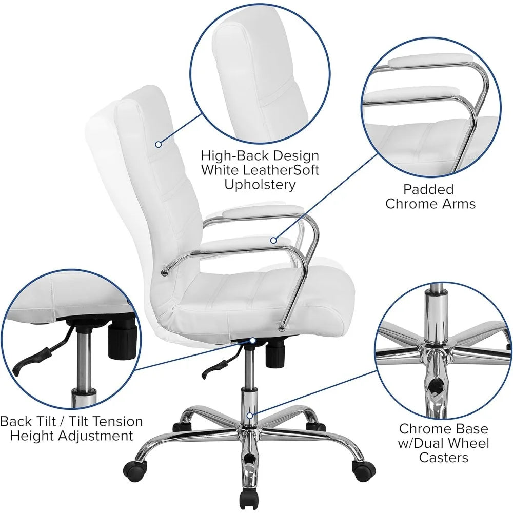 Office Desk Chair High Back Desk Chair - White Leather Soft Executive Swivel Office Chair with Chrome Frame - Swivel Armchair - HOMELIVING