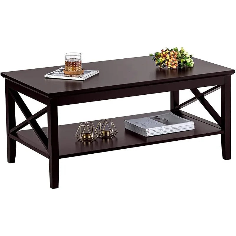 Oxford Coffee Table with Thicker Legs, Espresso Wood Coffee Table with Storage for Living Room 40 inches - HOMELIVING