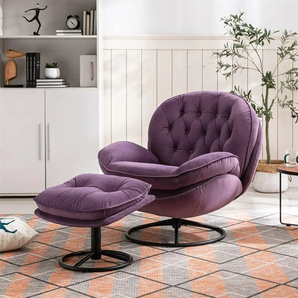 Velvet Swivel Accent Chair with Ottoman Set, Modern Lounge with Metal Base Frame & Footrest, Comfortable Single Leisure Sofa - HOMELIVING