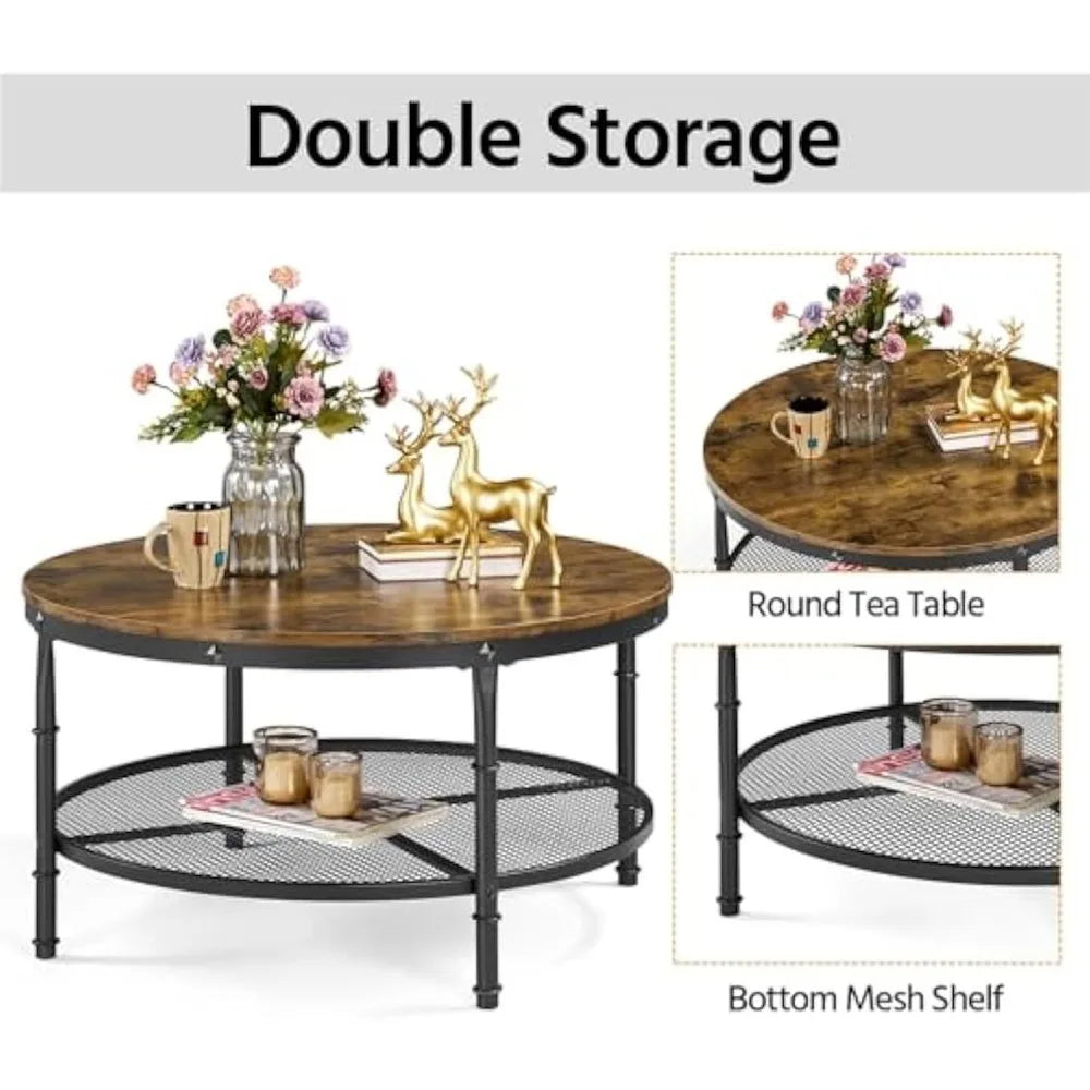 Round Coffee Table, Wooden 2 Tier Circle Coffee Table for Living Room, Industrial Space Saving, Coffee Table - HOMELIVING