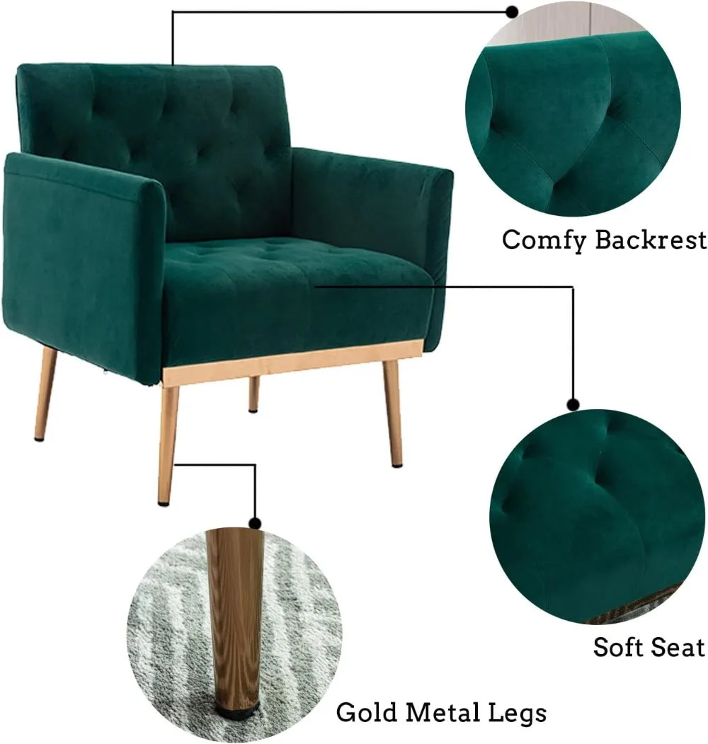 Velvet Accent Chair with Arms for Living Room, Modern Tufted Single Sofa Armchair with Gold Metal Legs Upholstered Reading - HOMELIVING