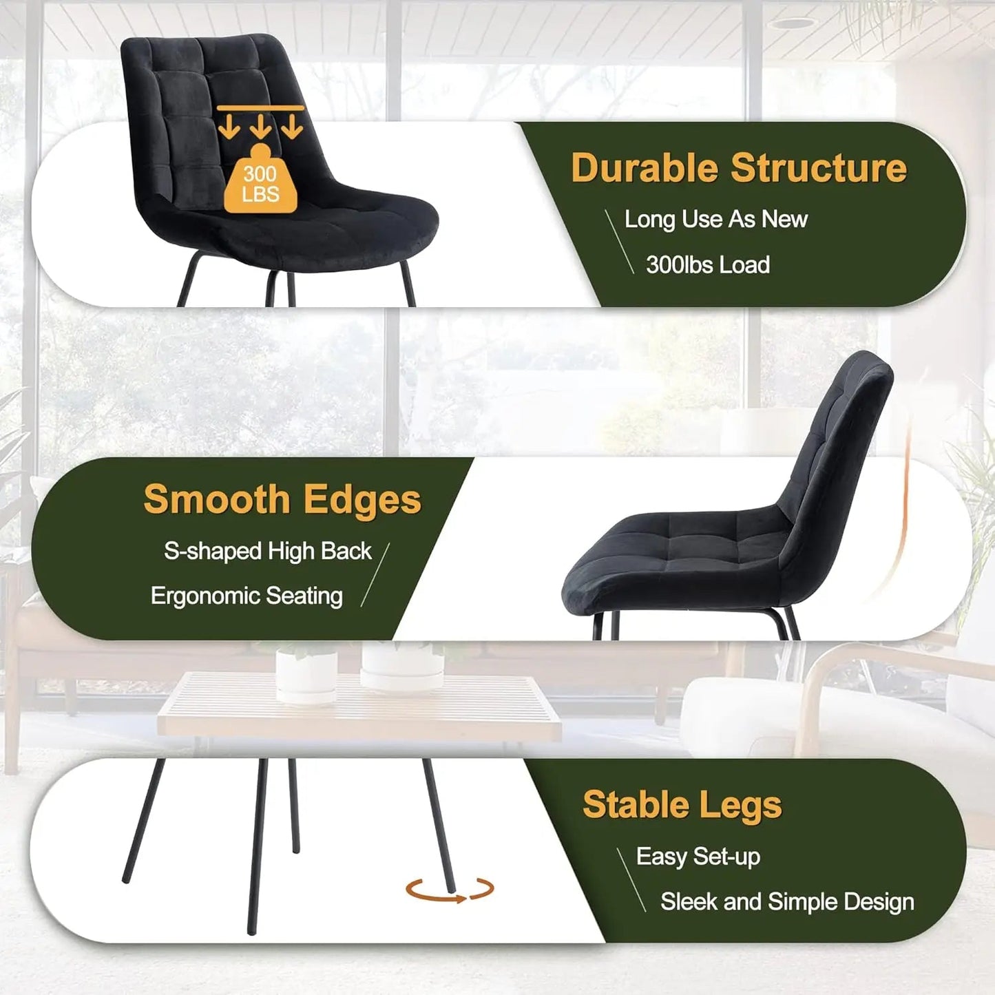 Velvet Dining Chairs, Upholstered Reception Chairs, Tufted Accent Chair with Metal Legs for Home Kitchen, Set of 2, Black - HOMELIVING