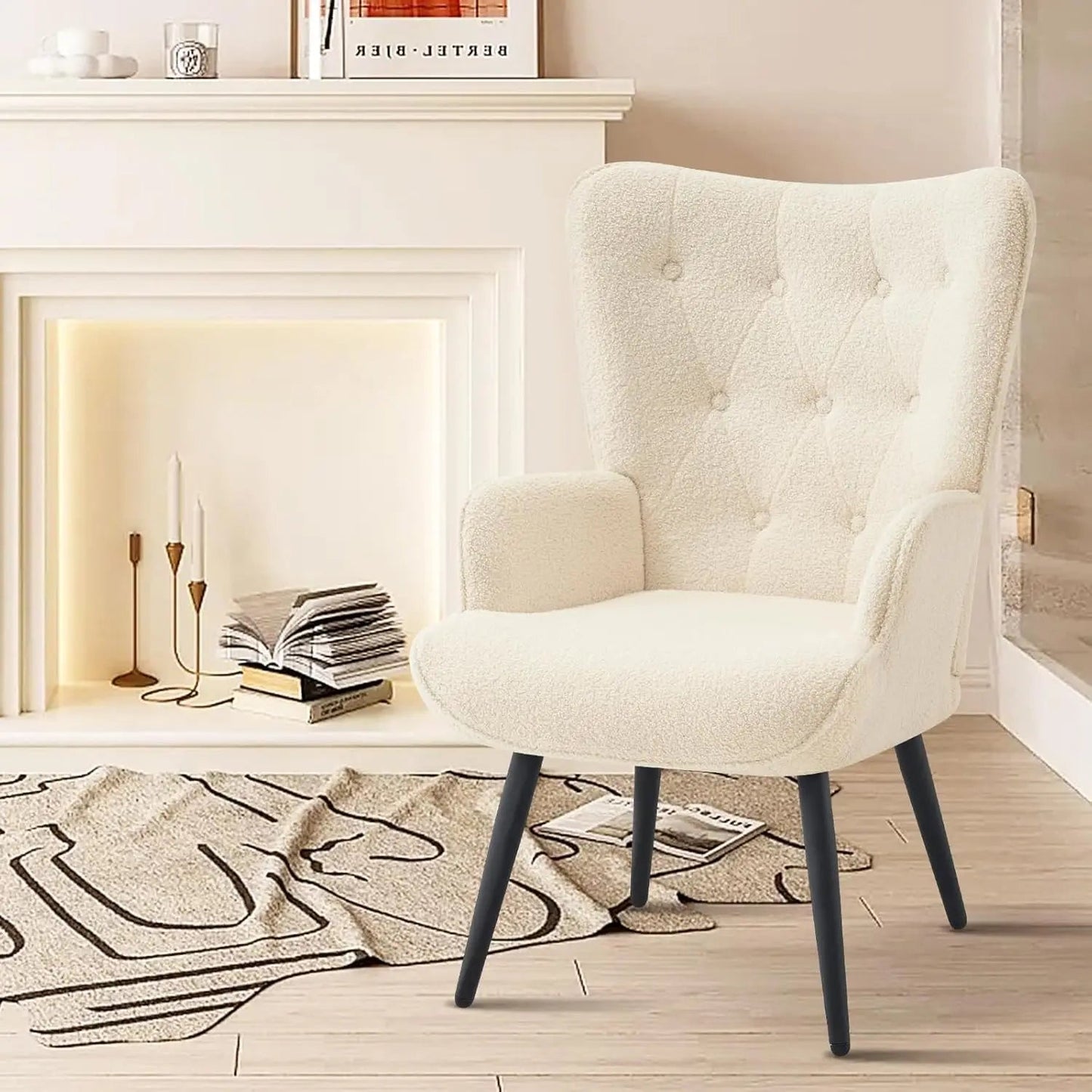 Velvet Accent Chair Mid Century Modern Living Room Chairs; Comfy Armchair Leisure Vanity Guest Wingback Chair - HOMELIVING