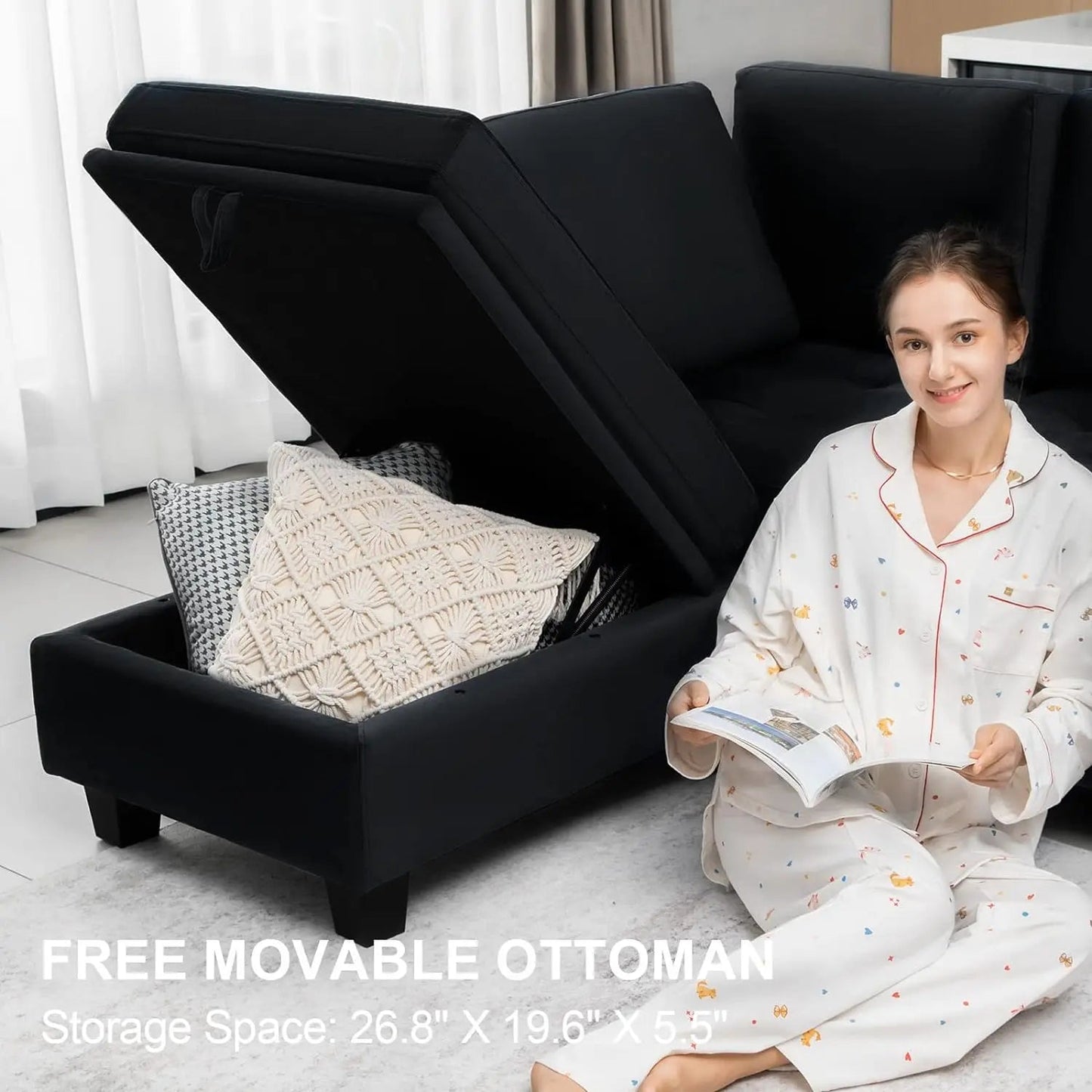 Velvet Reversible Sectional Sofa with Chasie Convertible Sectional Couch w/ Storage Ottoman L Shaped 4-seat Sectional Sofa Black - HOMELIVING