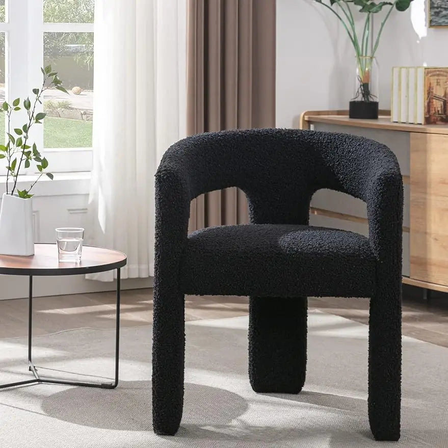 Modern Sherpa Barrel Dining Chair Upholstered Faux Fur Dining Room Chair with Arm Comfy Accent Side Chair - HOMELIVING
