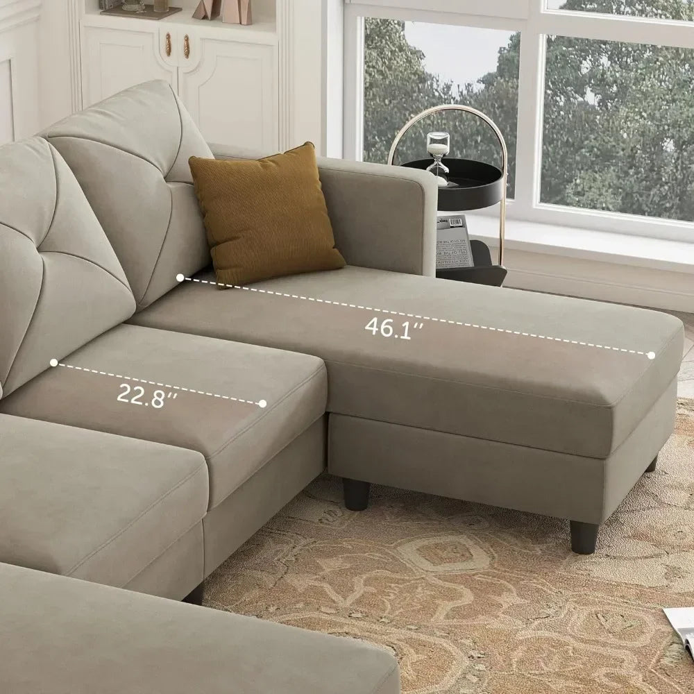 Convertible Sectional Sofa with Double Chaises for Living Room, Velvet Light Grey, U Shaped Couch 4 Seat Sofa - HOMELIVING