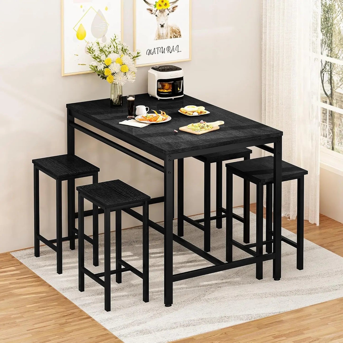 Dining Bar Table Set for 4, Modern Counter Height Table and 4 Bar Stools, 5 Piece Bar Table and Chairs Set for Small Spaces - HOMELIVING