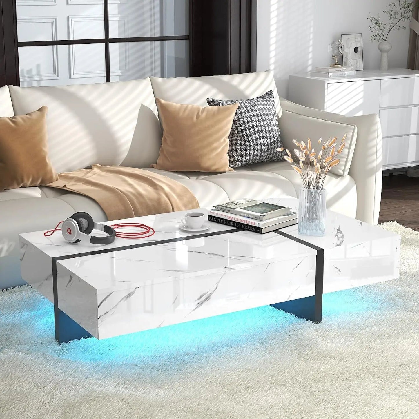 47 Inch Rectangular Coffee Table with LED Lights, Modern Coffee Table with Storage Drawers, Large LED Coffee Table - HOMELIVING