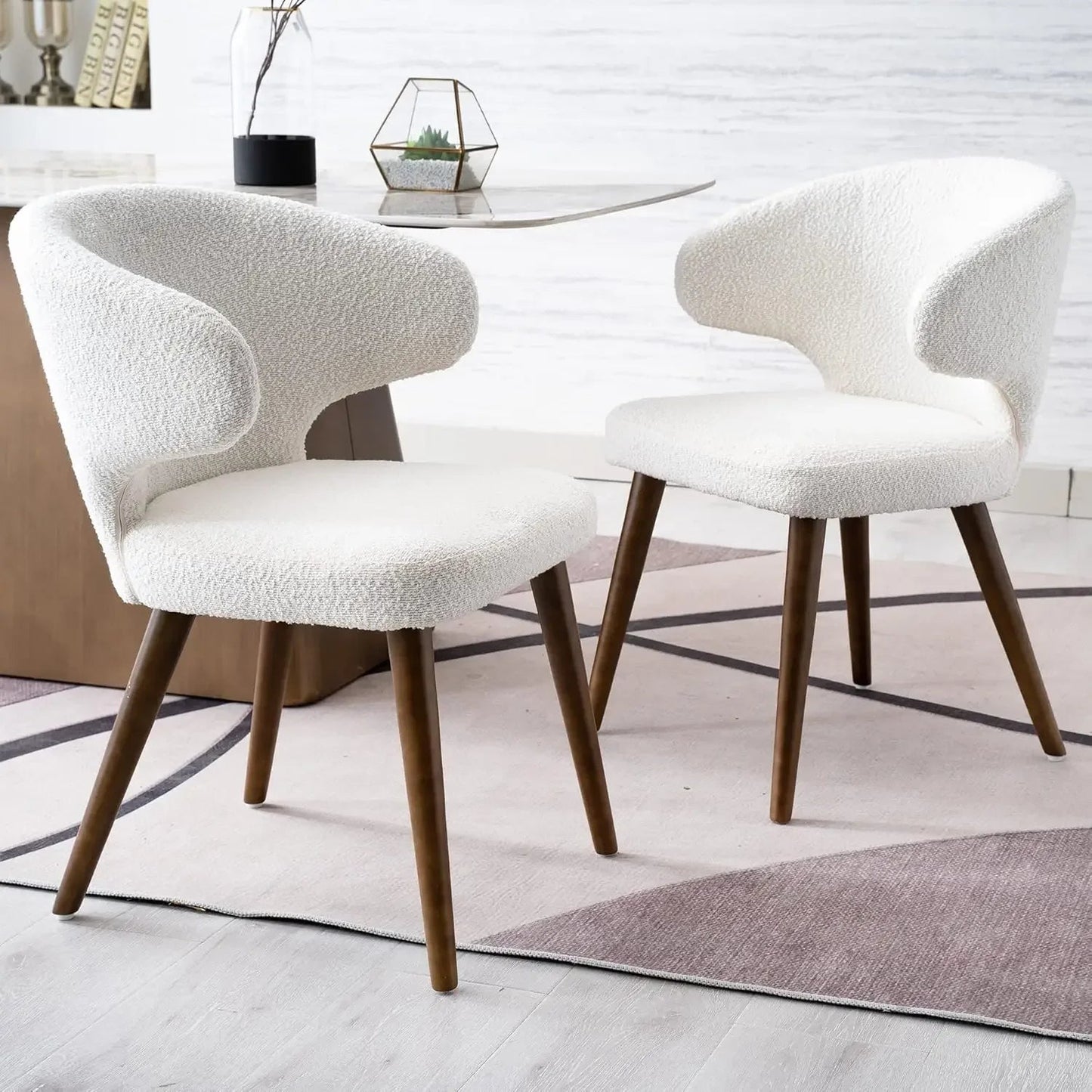 Dining Chairs Set of 4,Mid Century Modern Sherpa Boucle Upholstered Curved Wingback Accent Arm Chairs Side Chairs, White - HOMELIVING