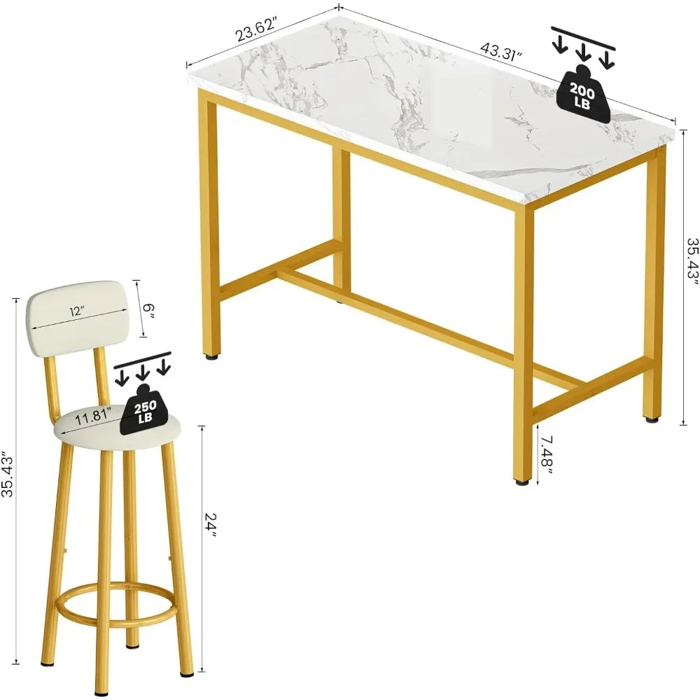 Faux marble dining table with 4 PU upholstered chairs, 5-piece breakfast table, bar table and backrest chair with footrest - HOMELIVING