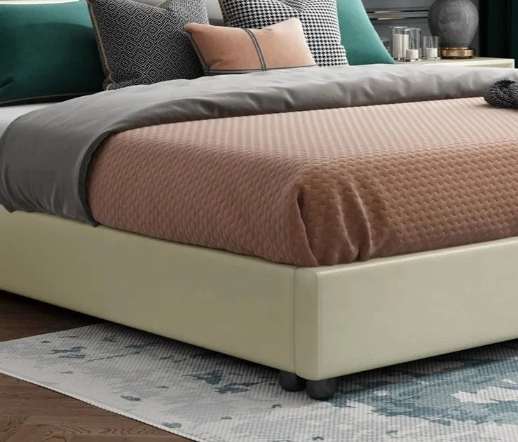 White Leather Bed Frame with Gold Accents Bed Frame - Queen - HOMELIVING