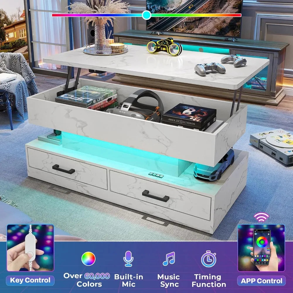 40 Inch Lift Coffee Table, Living Room Coffee Table with Storage Space, Living Room Coffee Table with 2 Drawers and LED Lights - HOMELIVING