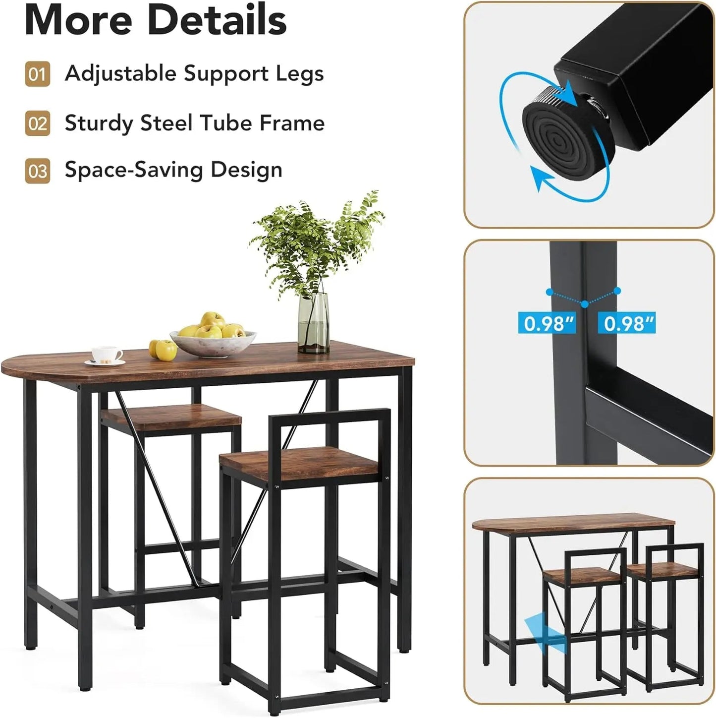 3-Piece Bar Table Set, 2-Person Counter Height Dining Set, Sofa Pub Table with 2 Tools, Brown/White, for Kitchen and Living Room - HOMELIVING