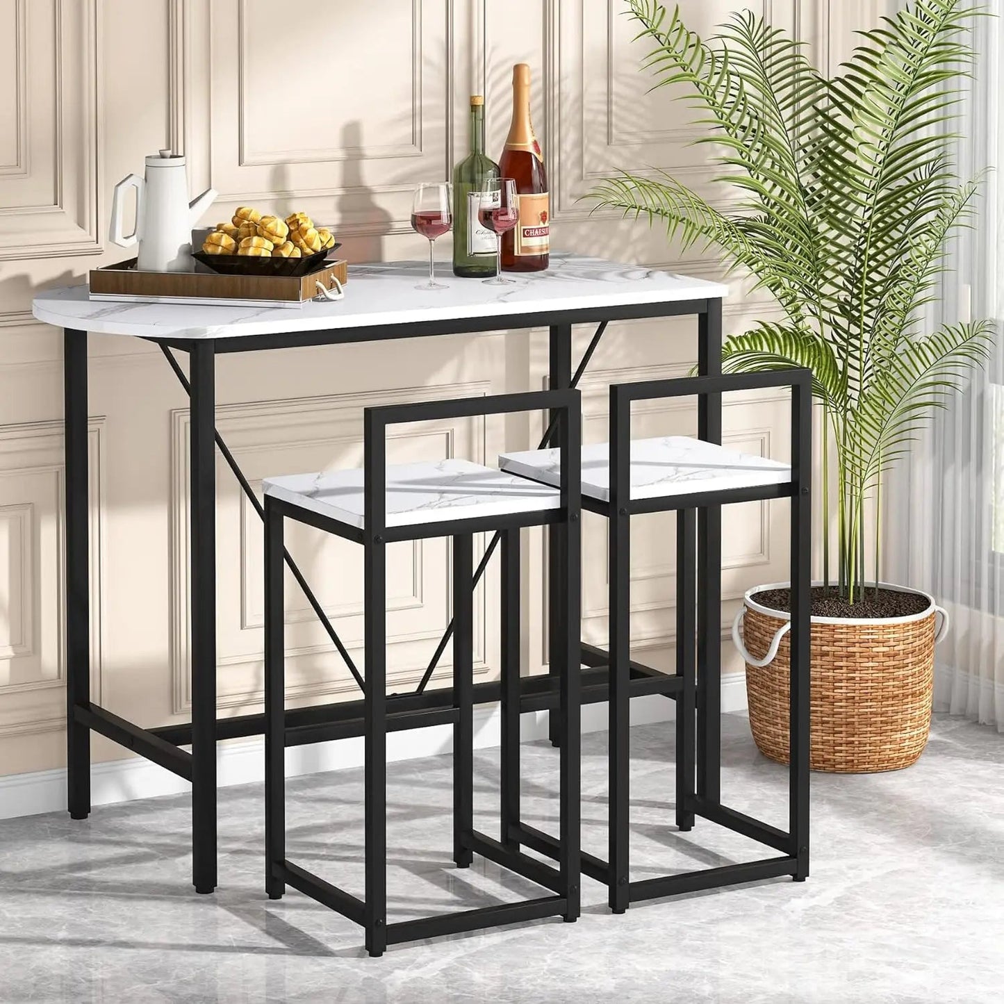 3-Piece Bar Table Set, 2-Person Counter Height Dining Set, Sofa Pub Table with 2 Tools, Brown/White, for Kitchen and Living Room - HOMELIVING