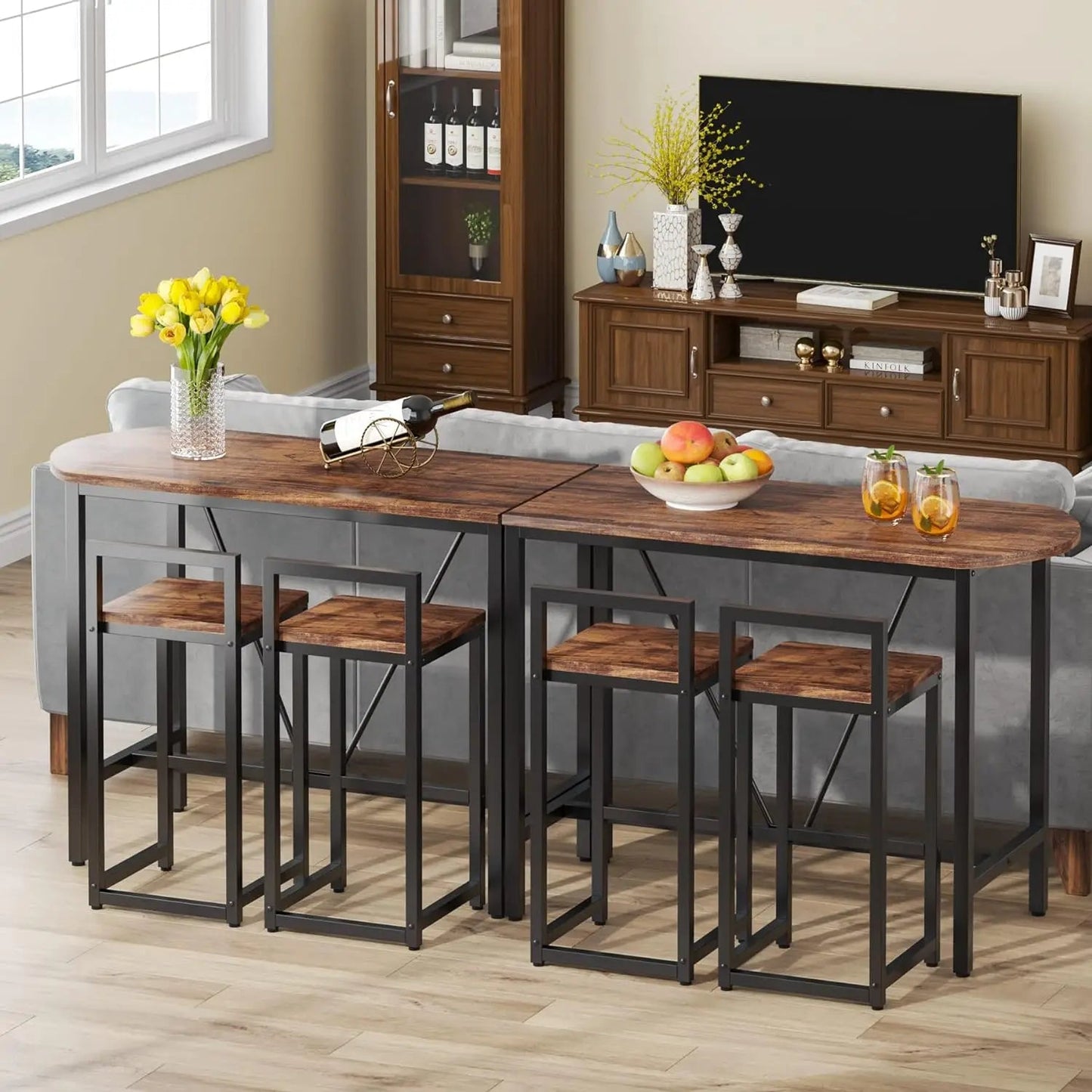 3-Piece Bar Table Set, 2-Person Counter Height Dining Set, Sofa Pub Table with 2 Tools, Brown/White, for Kitchen and Living Room - HOMELIVING