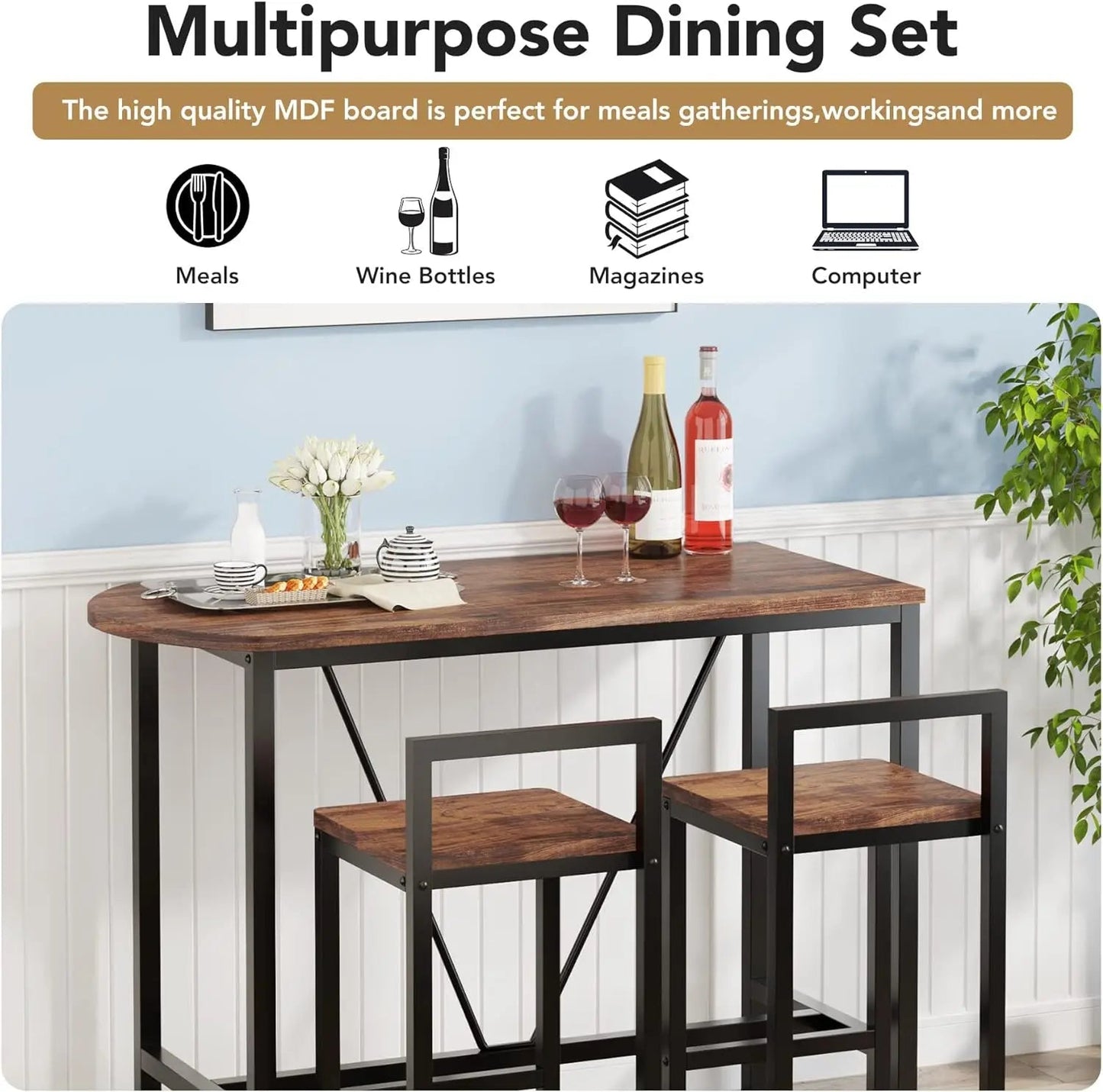 3-Piece Bar Table Set, 2-Person Counter Height Dining Set, Sofa Pub Table with 2 Tools, Brown/White, for Kitchen and Living Room - HOMELIVING
