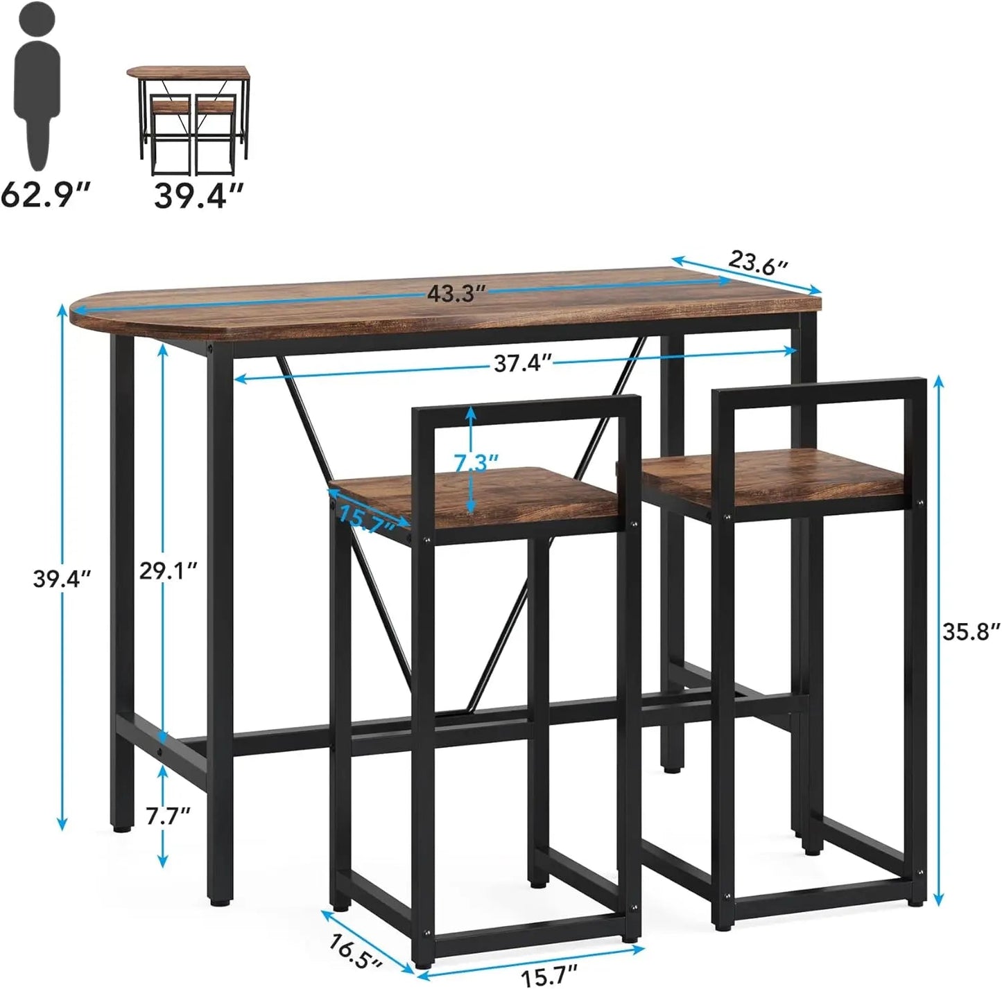 3-Piece Bar Table Set, 2-Person Counter Height Dining Set, Sofa Pub Table with 2 Tools, Brown/White, for Kitchen and Living Room - HOMELIVING
