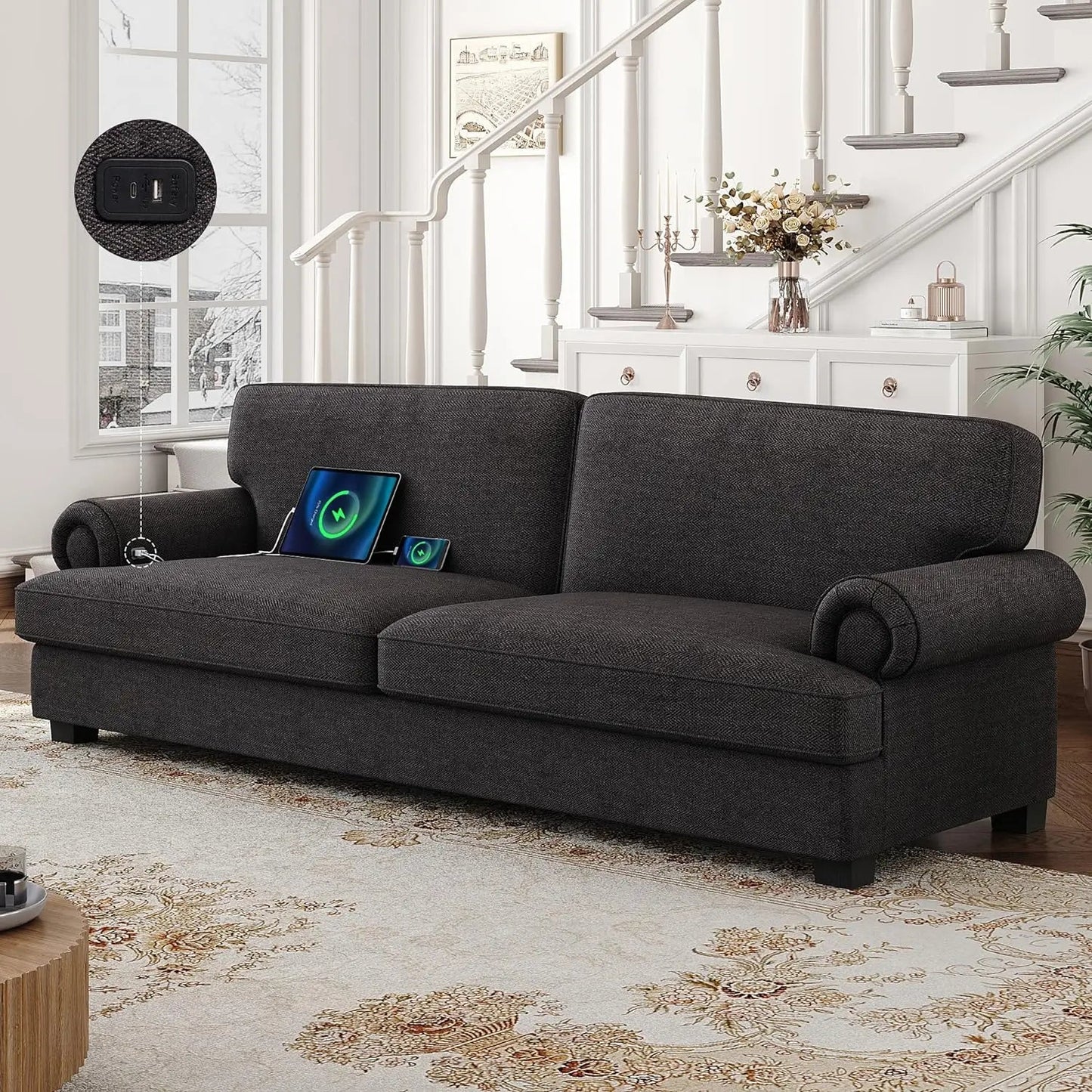 85in Sofa, 3 Seater Couch with 2 USB Charging Ports and Extra deep Seat, Sofa Couches for Living Room, Wide Rolled Arms, Grey - HOMELIVING