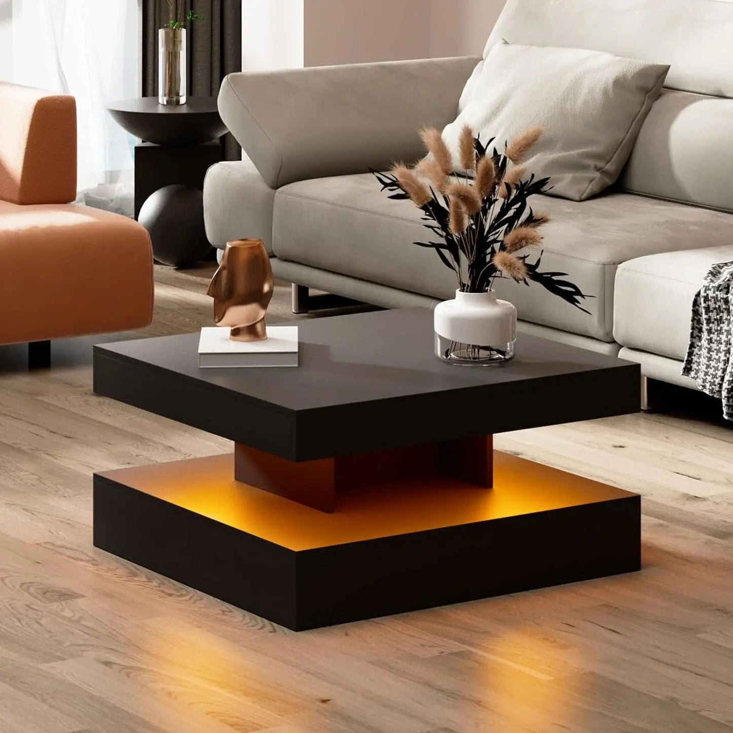 Black marble effect LED coffee table with 2 layers of storage, modern square glossy center table, wooden, 20 color lighting - HOMELIVING