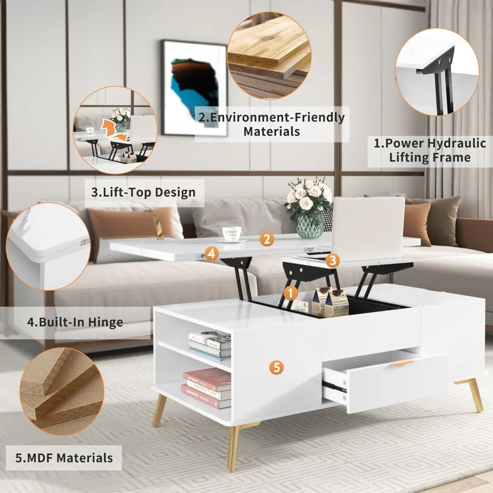 Coffee Table with Lift Top, 47.24'', Versatile with Drawers, Hydraulic Lift Function, Expandable Storage, Side Table - HOMELIVING