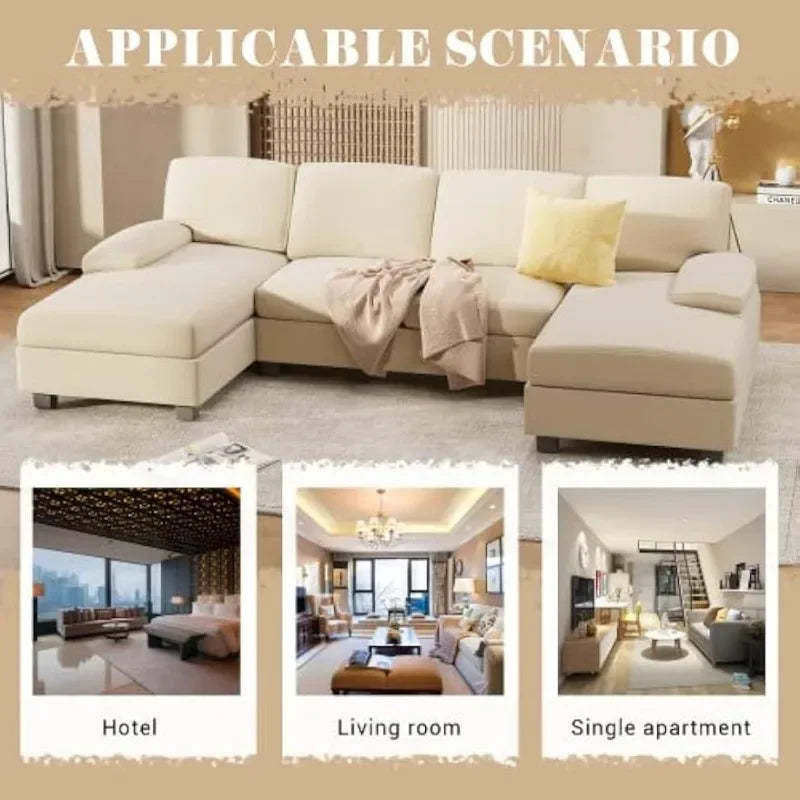 Convertible Sectional Sofa Couch, 4 Seat Sofa Set U-Shaped Modern Fabric Modular Sofa Sleeper with Double Chaise & Memory Foam - HOMELIVING