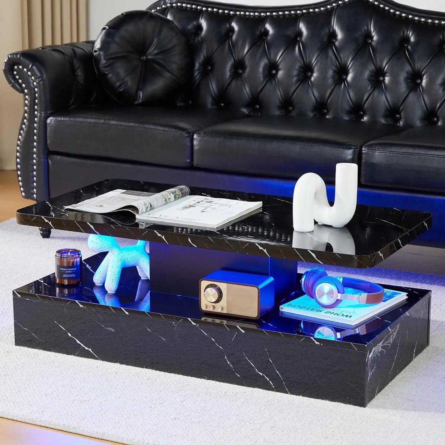 Living Room LED Coffee Table, Black Modern Coffee Table, Equipped with 16 Color Smart LED Lights, 2-layer Rectangular Design - HOMELIVING
