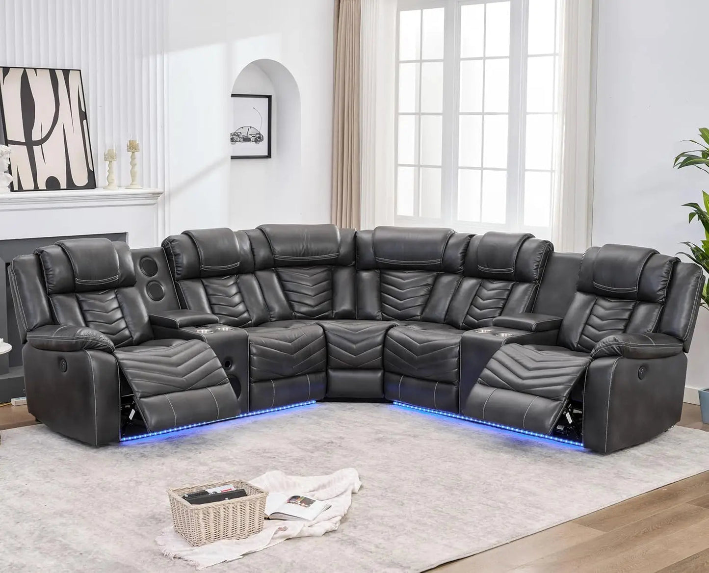 recliner,Power Reclining Sectional Couch with Bass Speaker Recliner Reclining Sectional Sofa with LED Light Faux Leather - HOMELIVING